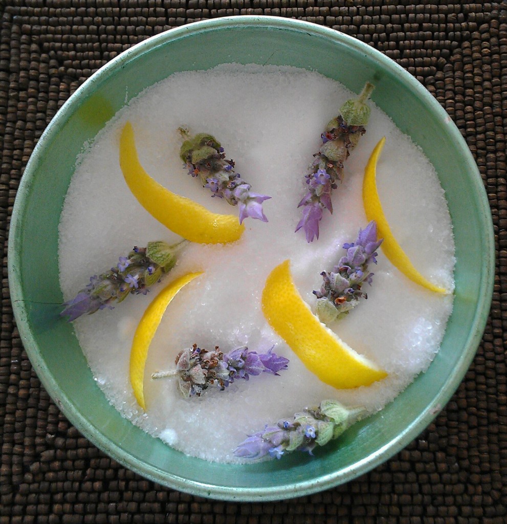 Remineralizing spa bath made with Dead Sea salt, essential oils, lavender buds, and lime peels. Photo © Karen Peltier