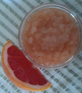 DIY Pink Grapefruit Aromatherapeutic Body Scrub. Made with coarse pink Himalayan sea salt, fine grained white sea salt, sunflower oil, and pink grapefruit essential oil.